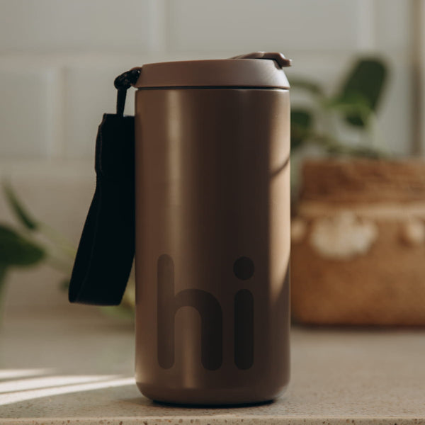 Brown Thermal Coffee Mug with Lid & Strap - 500ml