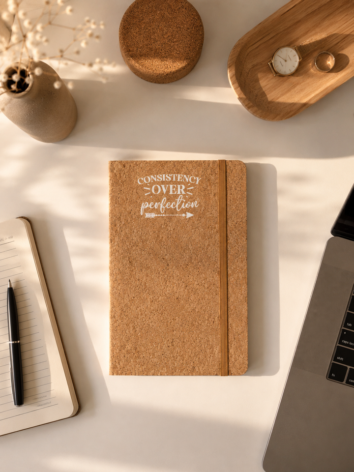 Cork notebook with motivational quote on a desk with laptop and decor items
