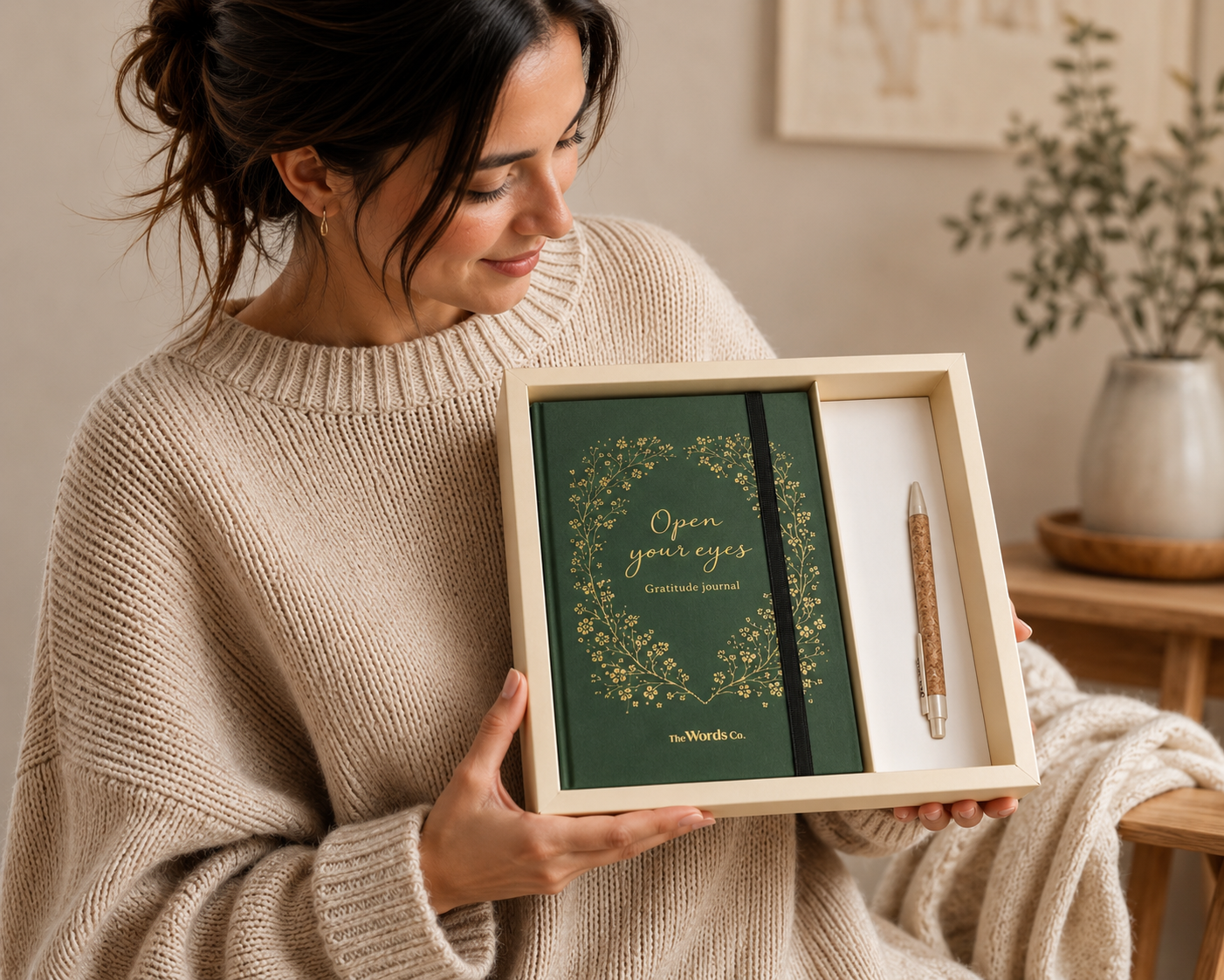Olive Green Journal + Cork Pen - Open Your Eyes Gratitude Journal Kit