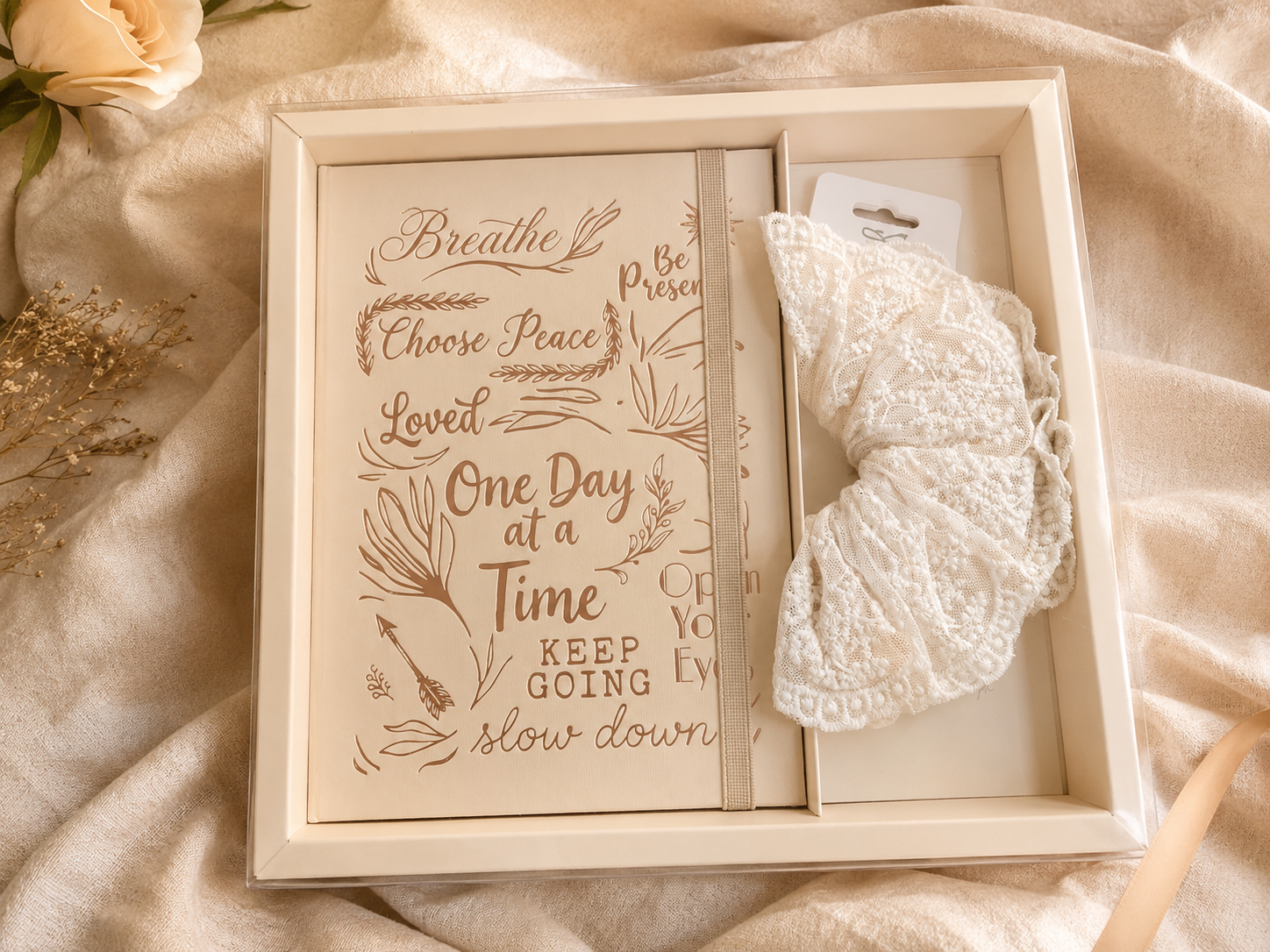 Beige Journal + Lace Scrunchie -  Mindful Bloom Kit