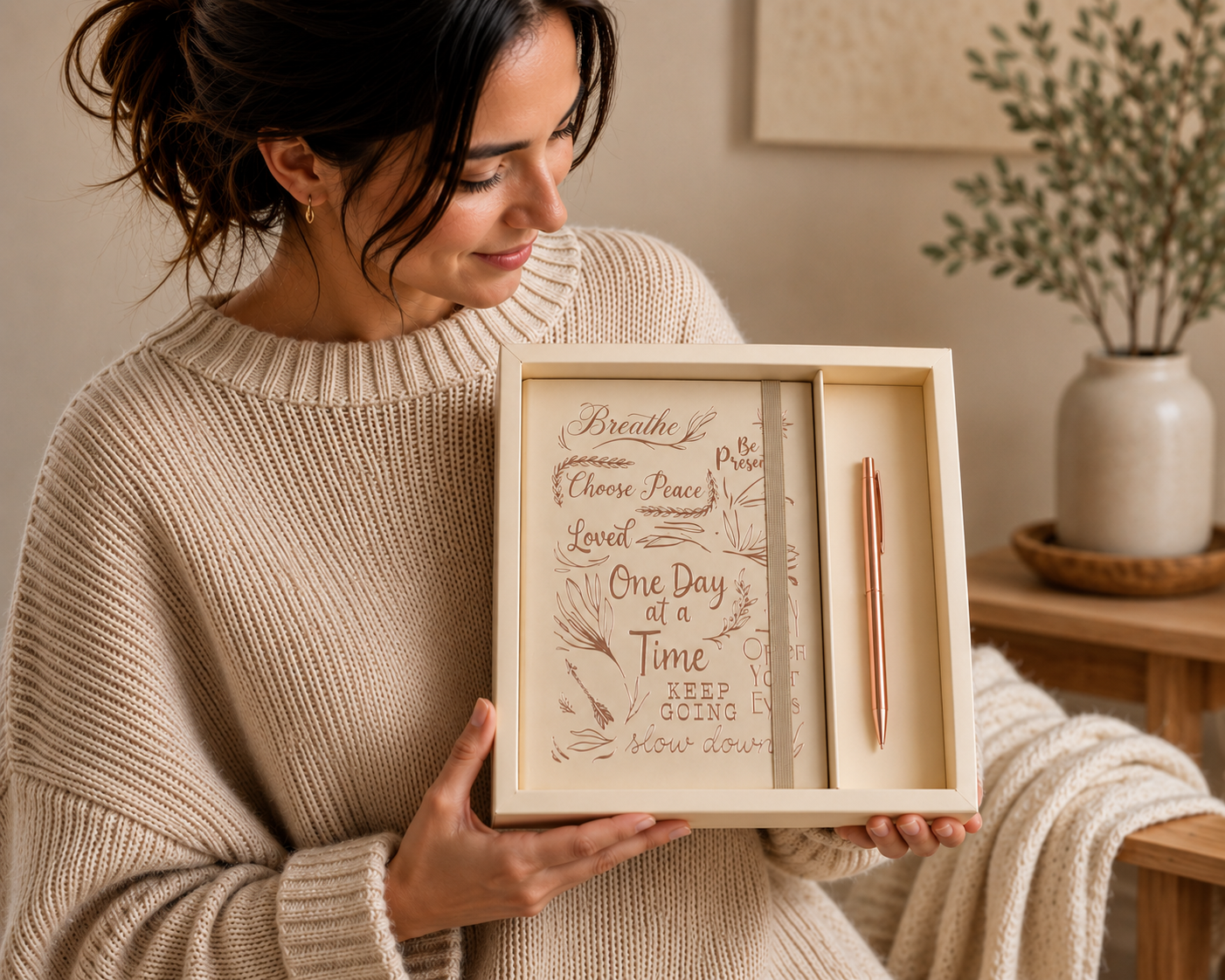 Beige Journal + Rose Gold Pen - Inspirational Journal Kit