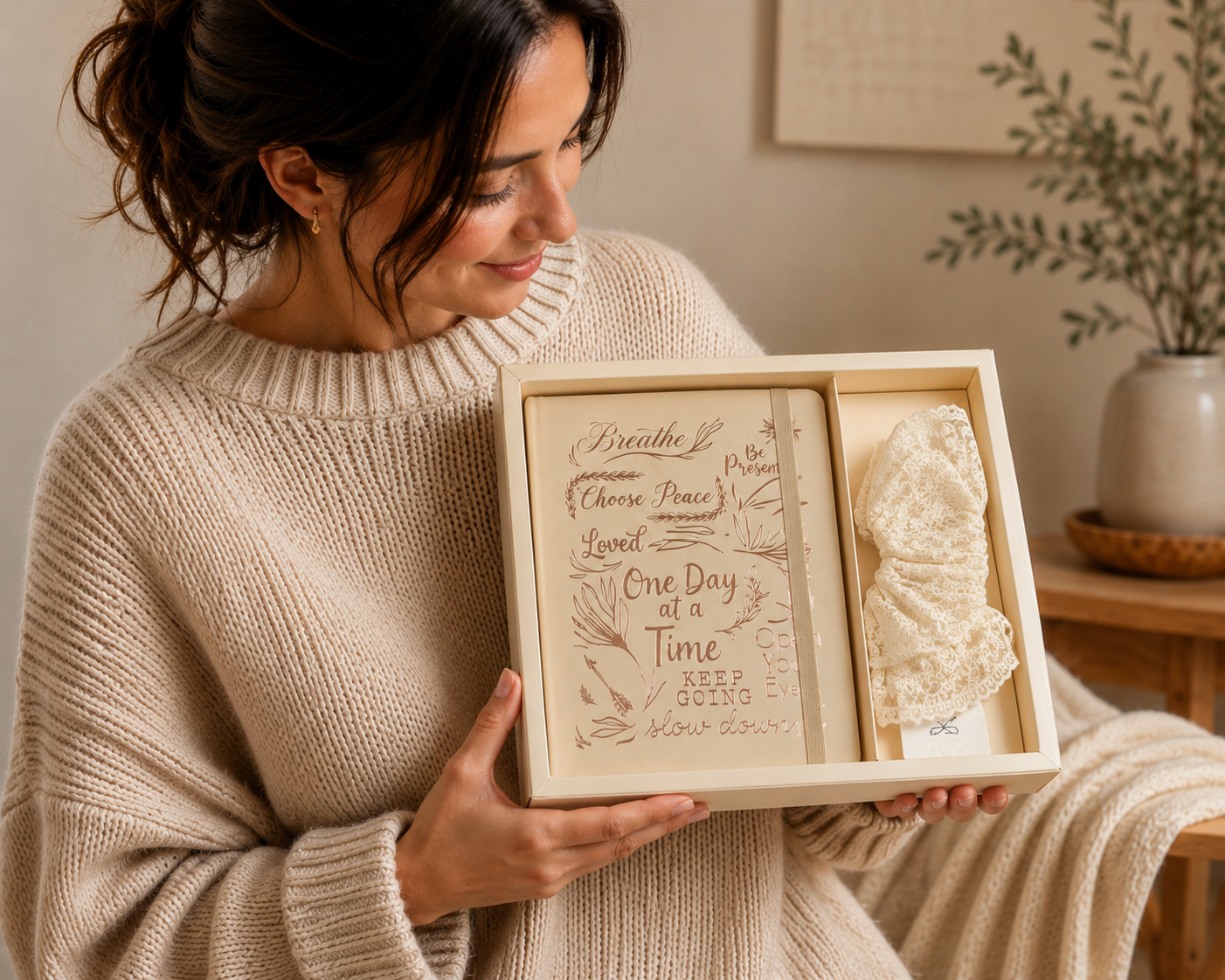 Beige Journal + Lace Scrunchie -  Mindful Bloom Kit