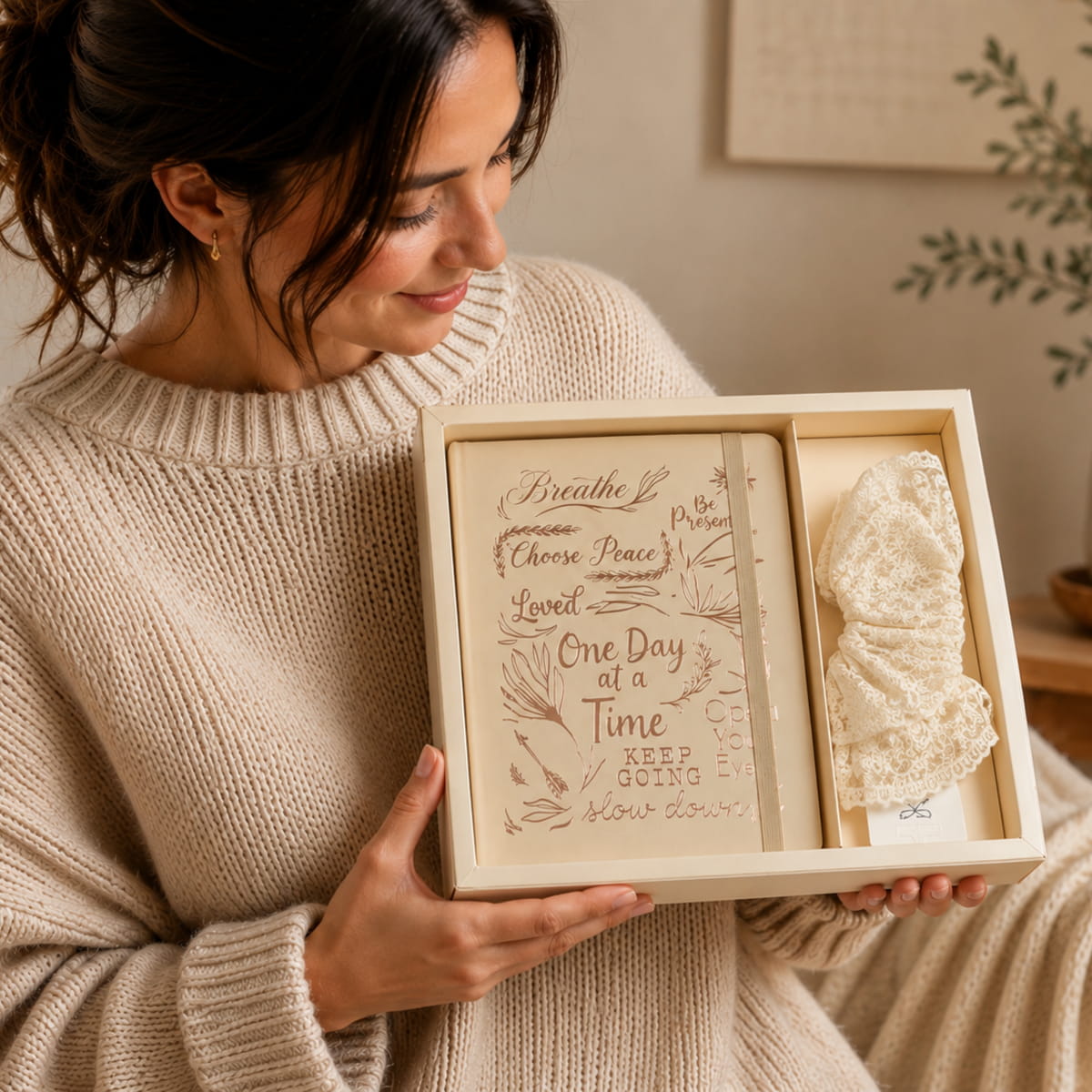 Beige Journal + Lace Scrunchie - Mindful Bloom Kit