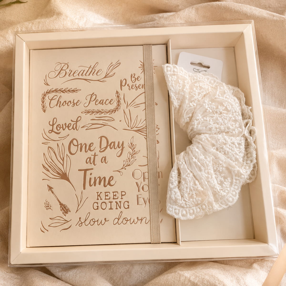 Beige Journal + Lace Scrunchie - Mindful Bloom Kit