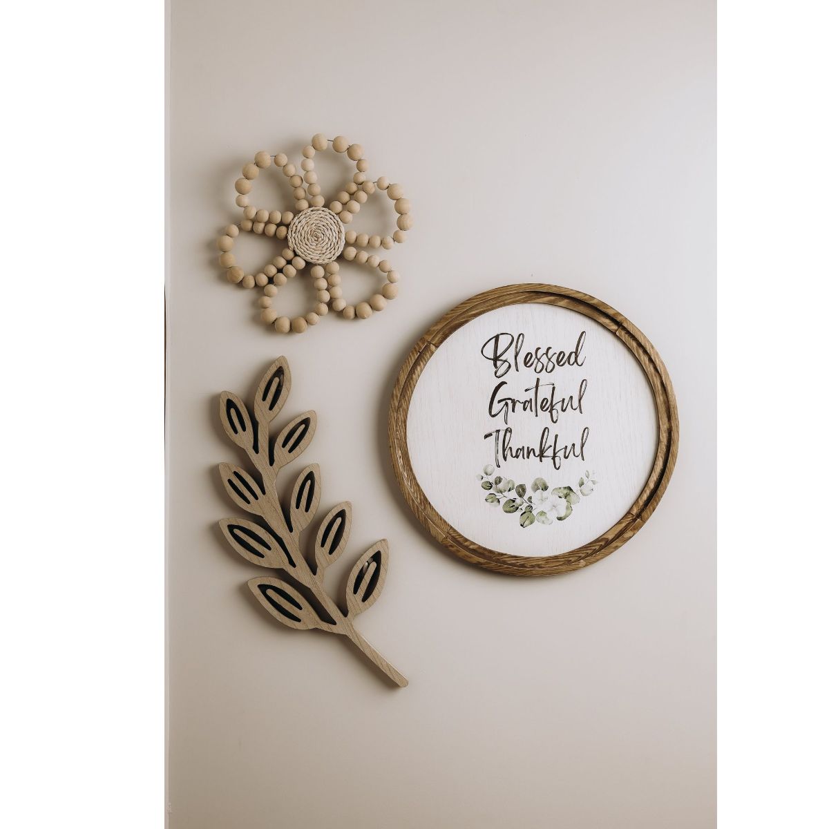 Blessed Grateful Thankful Boho Wood Circle Decor - 40 cm