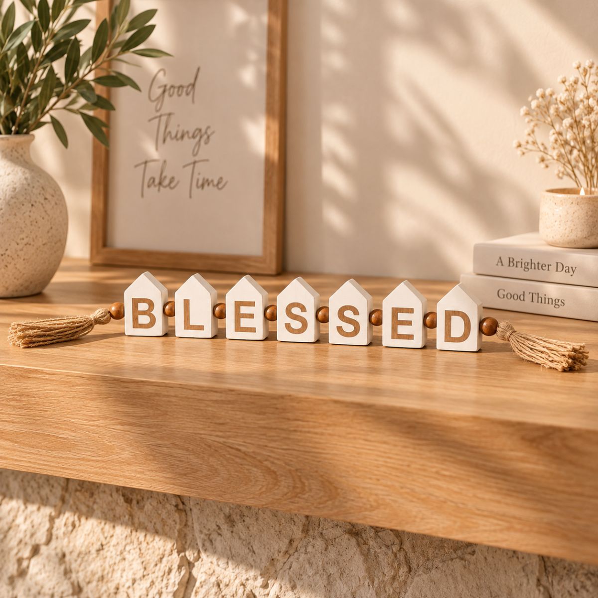 Blessed House Wood Blocks with Beads - 75 cm