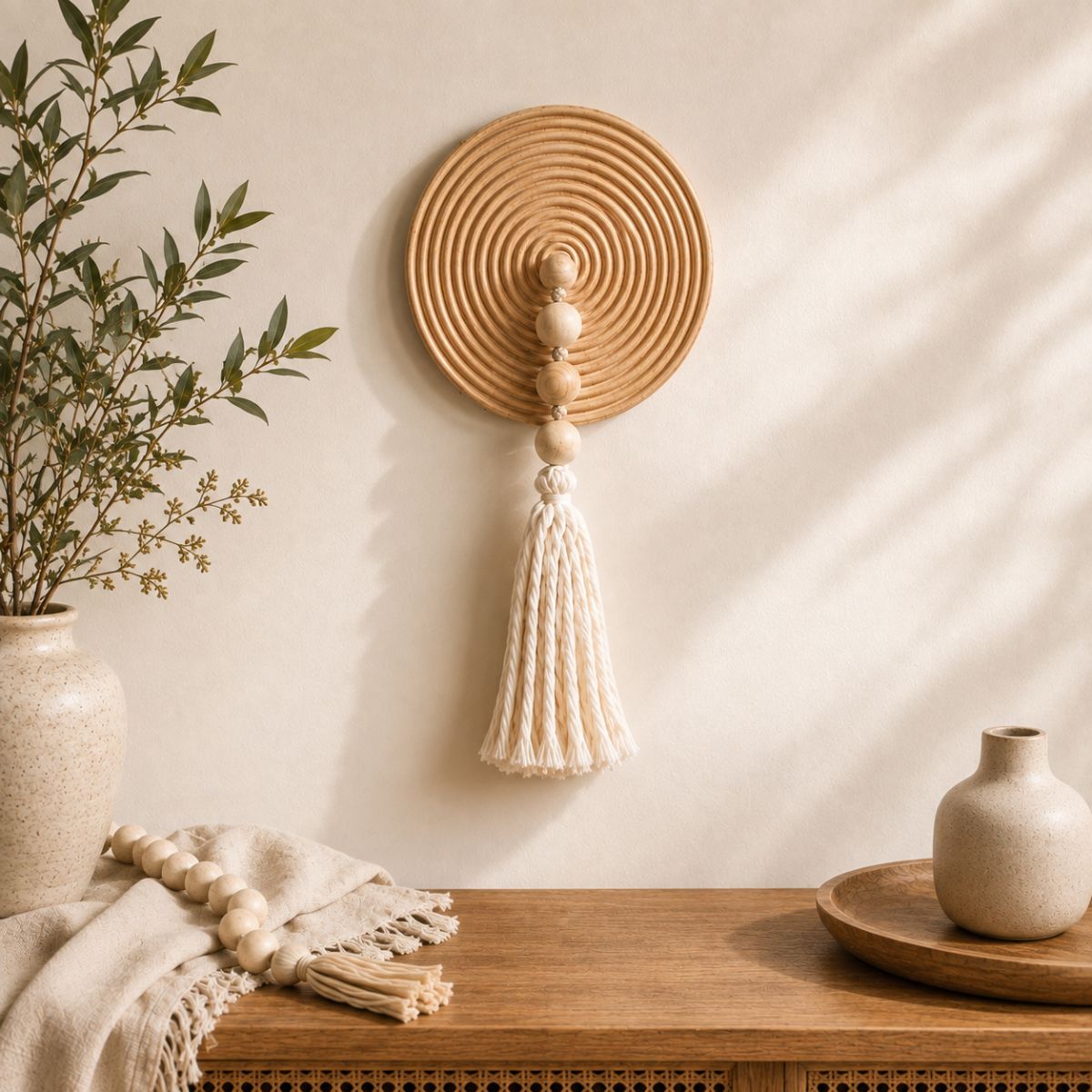 Boho Round Wooden Wall Hanging with Beads & Tassel