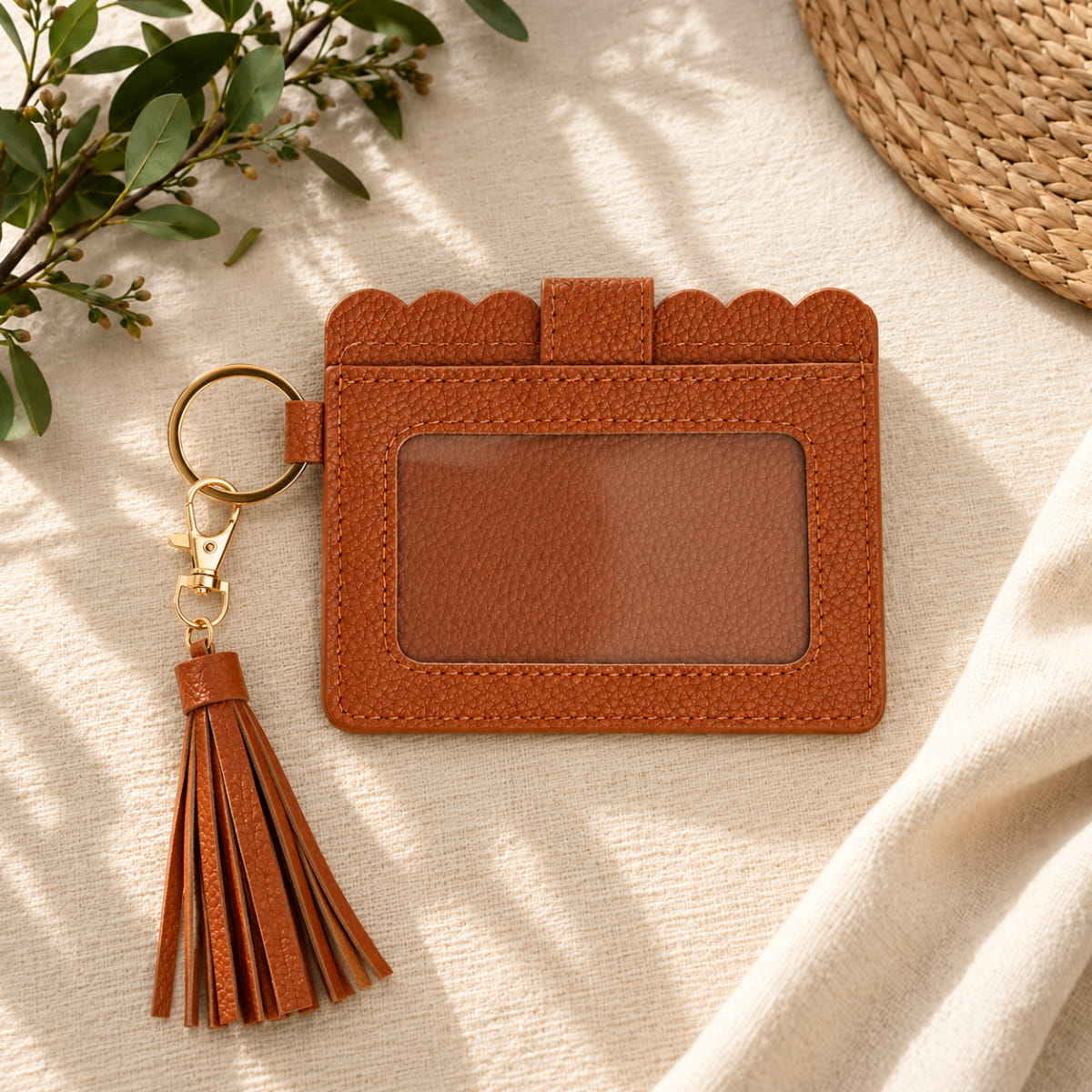Scalloped Leather Card Holder with Tassel Keychain