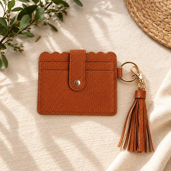 Scalloped Leather Card Holder with Tassel Keychain