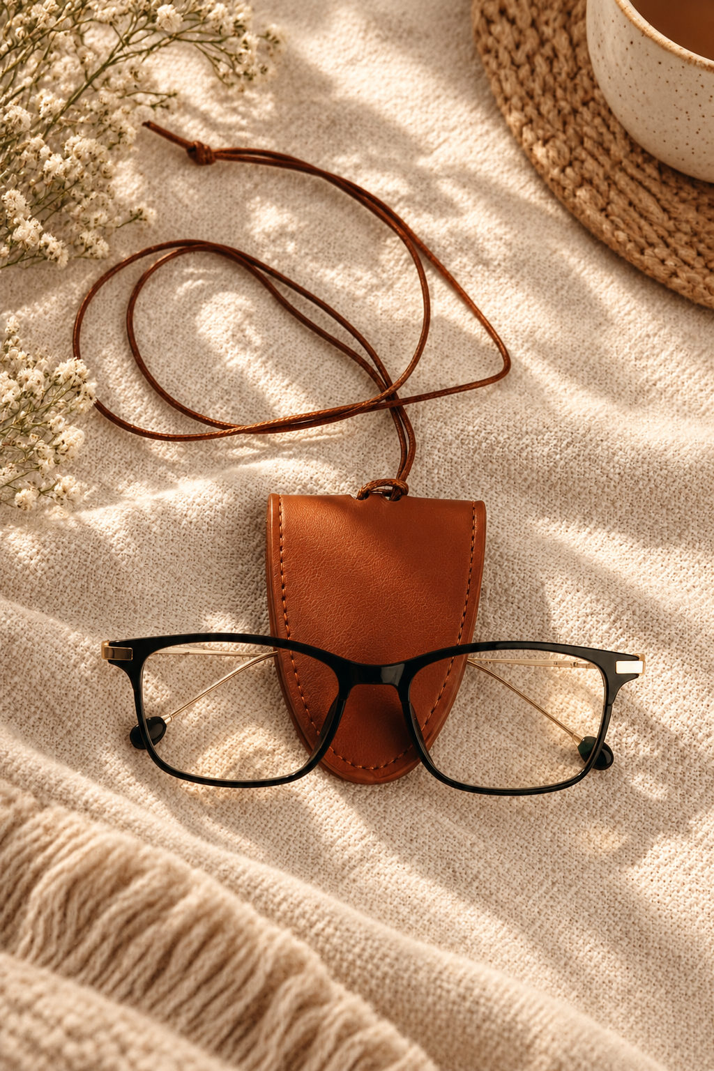 Cognac Brown Leather Eyeglasses Holder with Neck Strap