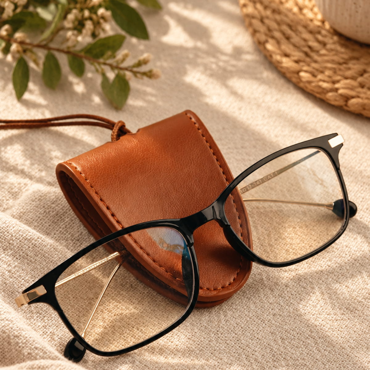 Cognac Brown Leather Eyeglasses Holder with Neck Strap
