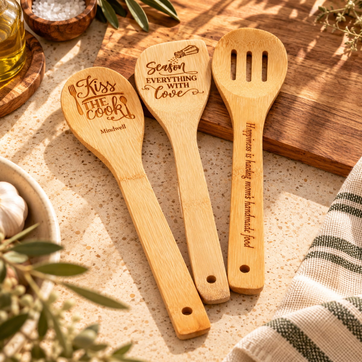 Engraved Wooden Kitchen Spoons - Set of 3