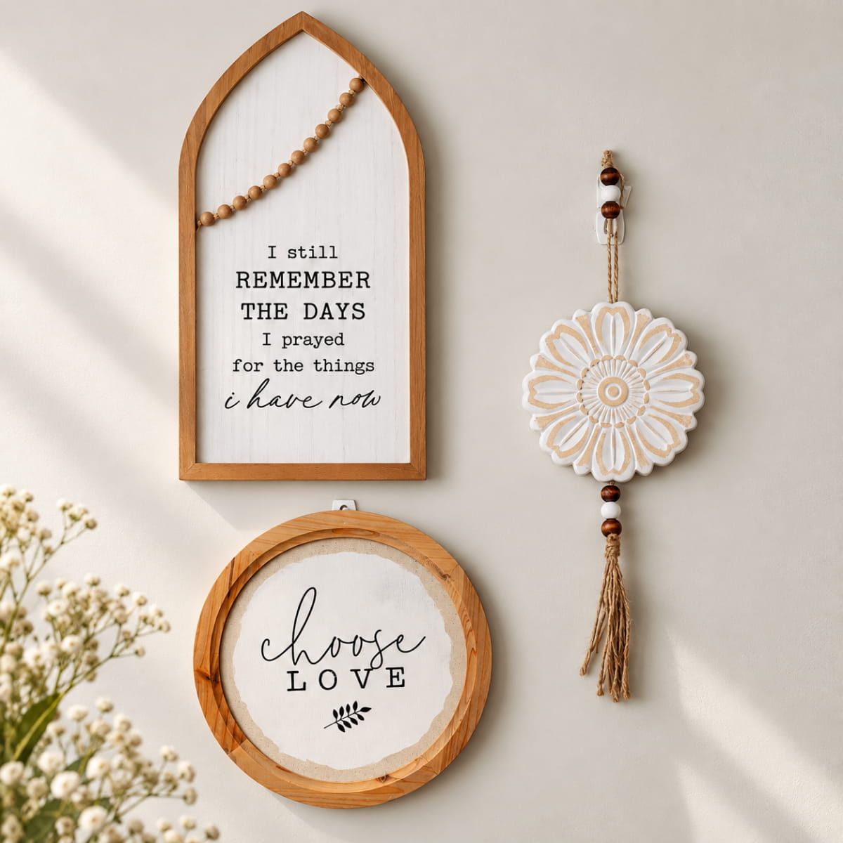 Flower Medallion Wooden Wall Hanging with Tassels - 13 cm