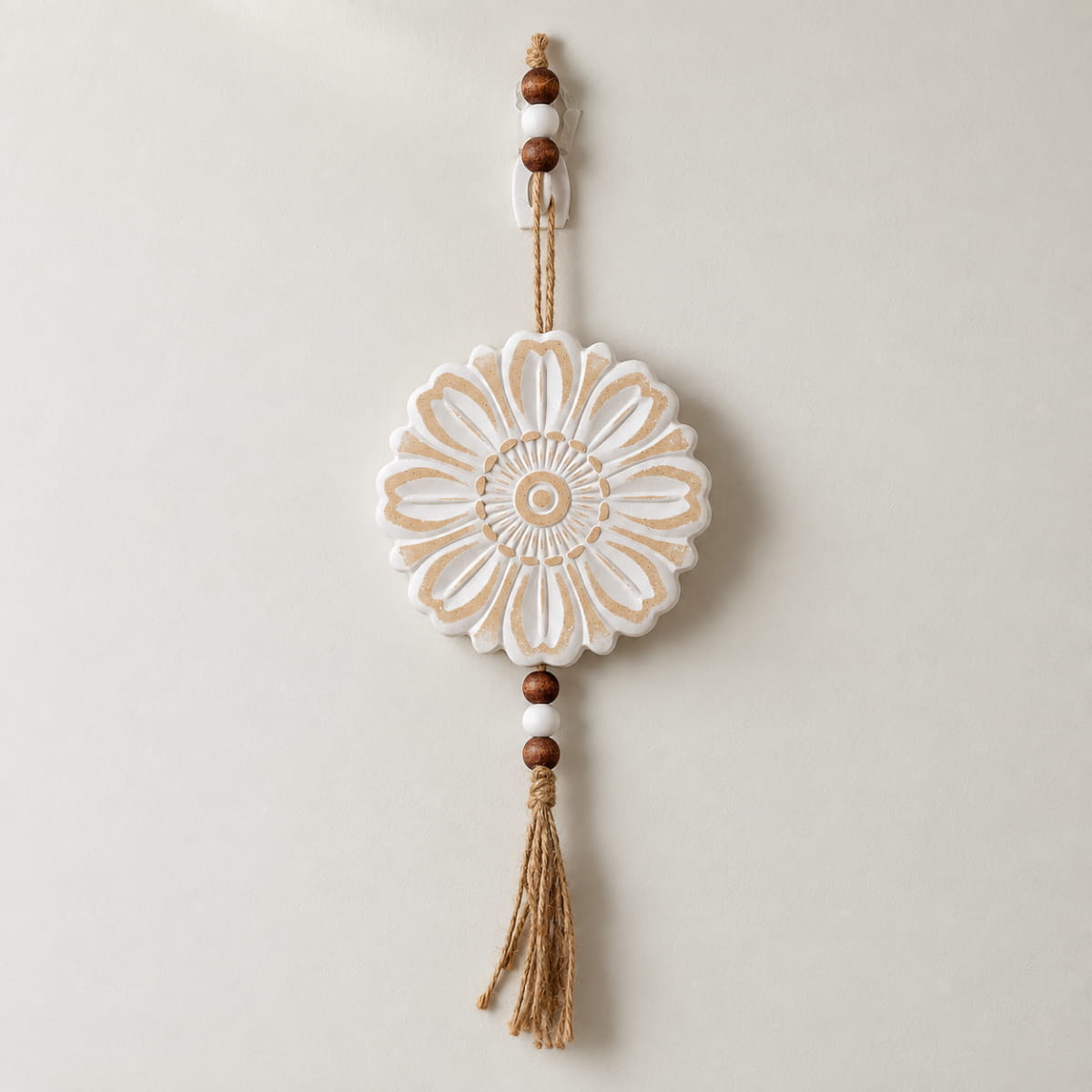 Flower Medallion Wooden Wall Hanging with Tassels - 13 cm