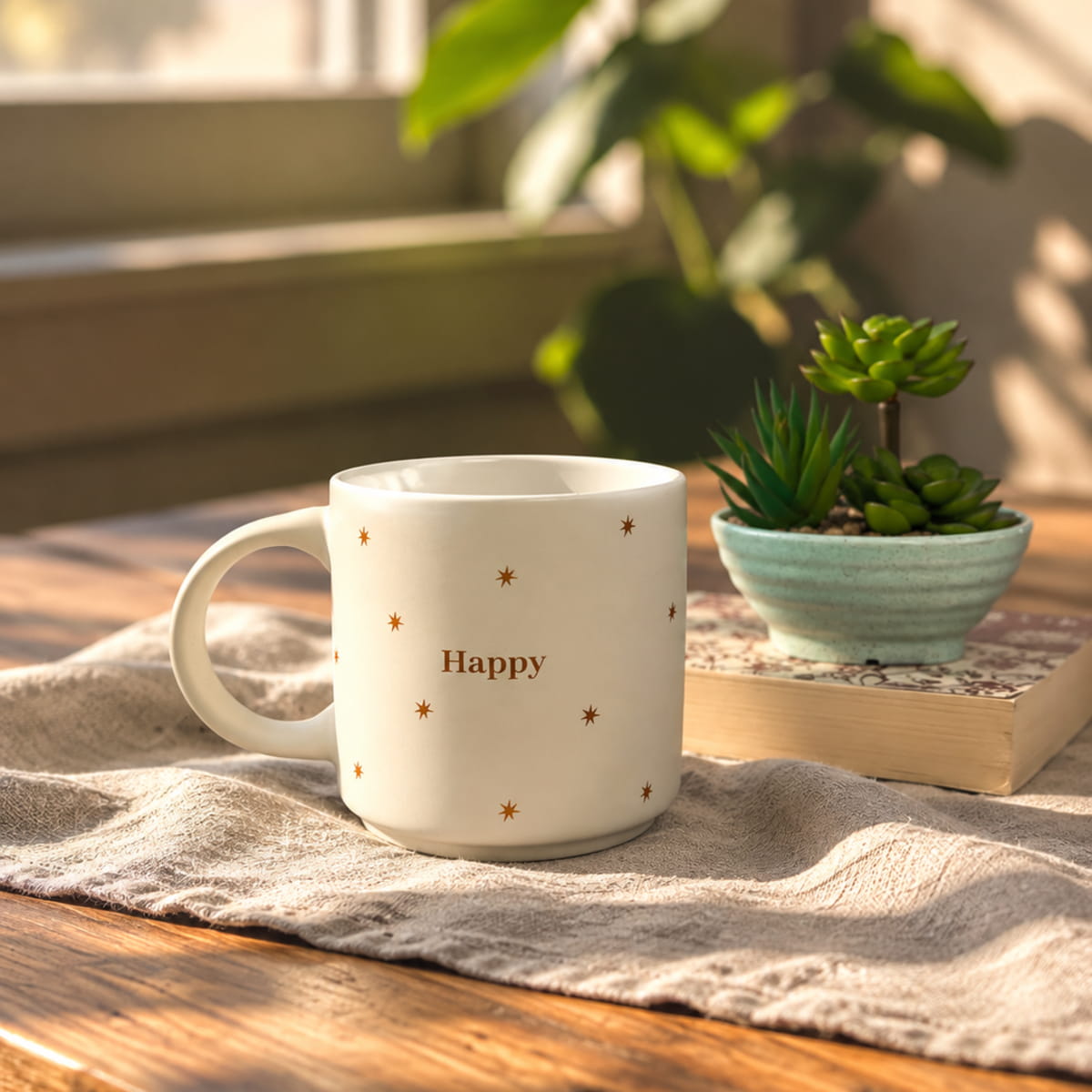 Happy Ceramic Mug with Star Design - Cream
