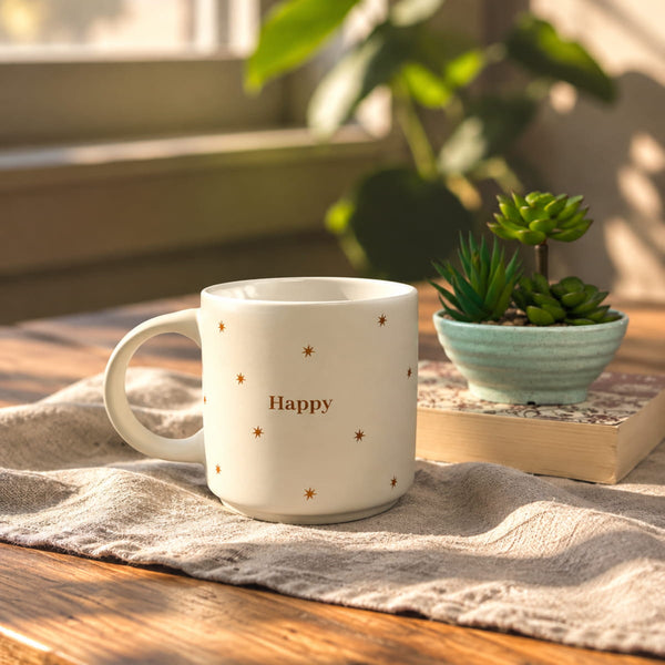 Happy Ceramic Mug with Star Design - Cream