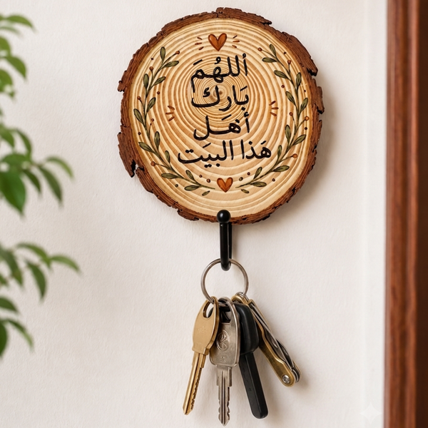 Rustic Wooden Key Holder – "اللهم بارك أهل هذا البيت"