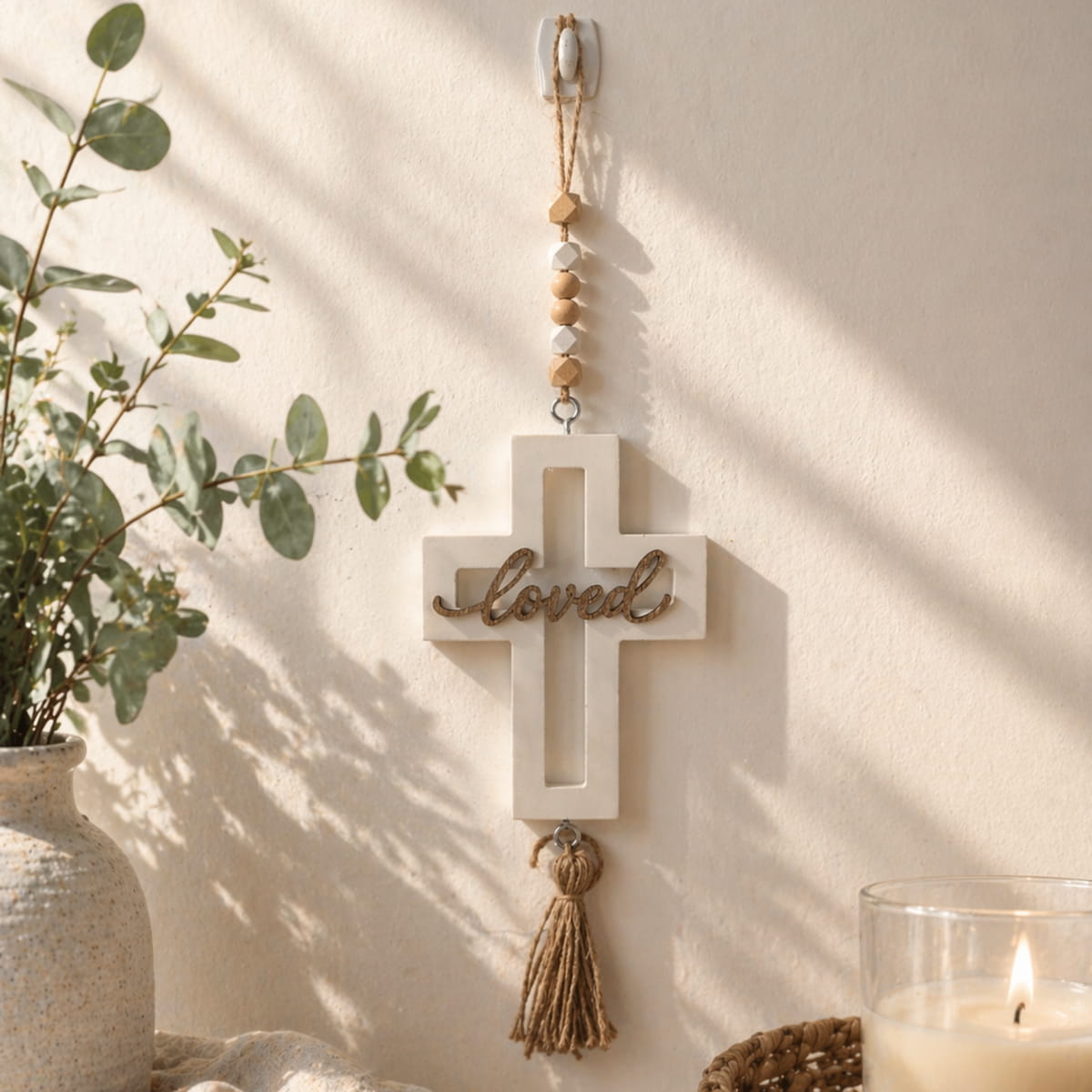 Loved Wooden Cross Wall Hanging with Tassel