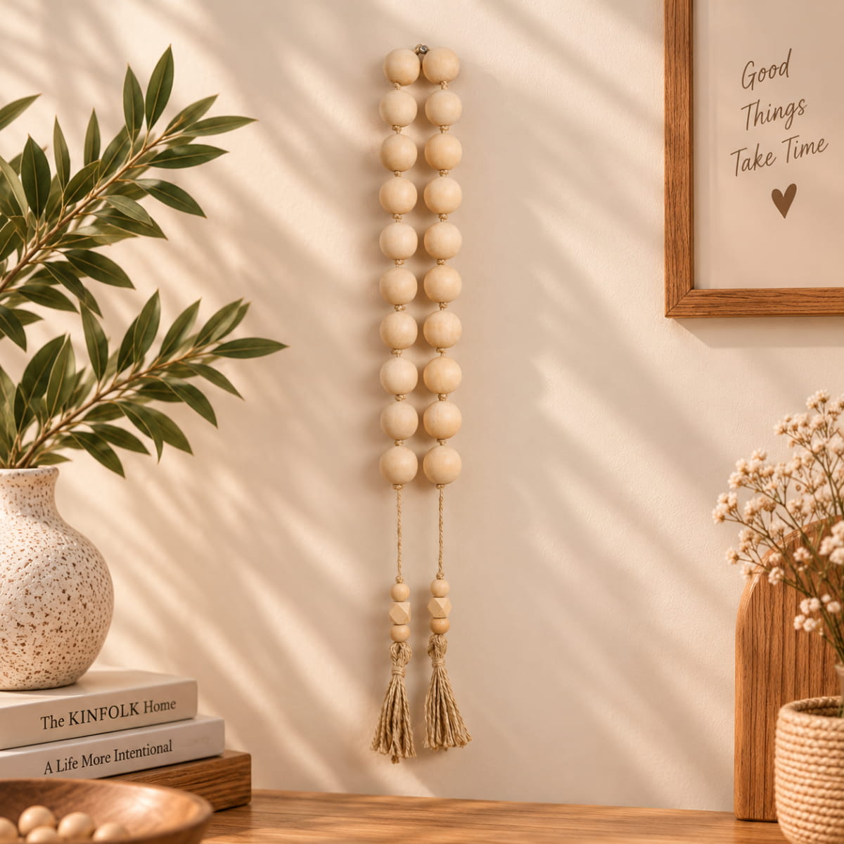 Natural Wooden Bead Garland with Tassels - Boho Home Decor