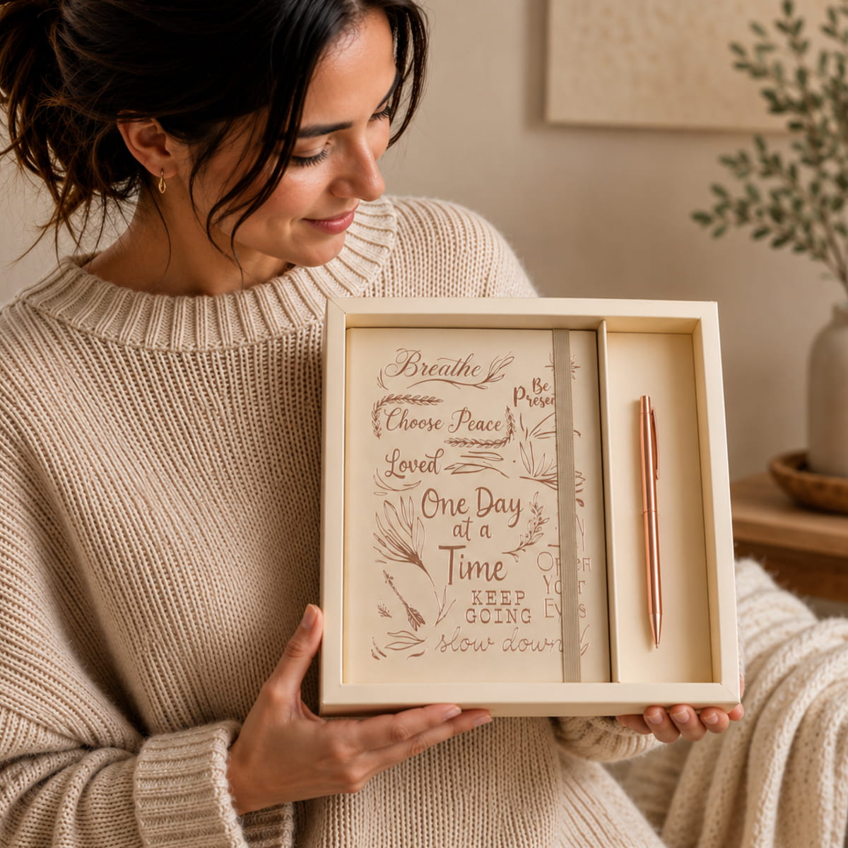 Beige Journal + Rose Gold Pen - Inspirational Journal Kit