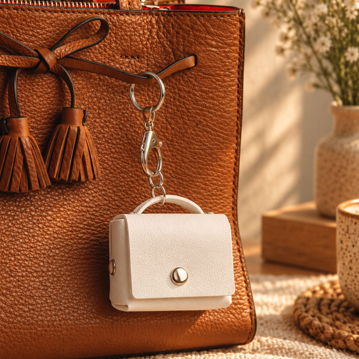 White Mini Handbag AirPods Holder Keychain