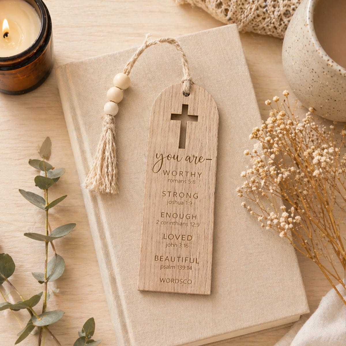Wooden Christian Bookmark with Cross & Tassel